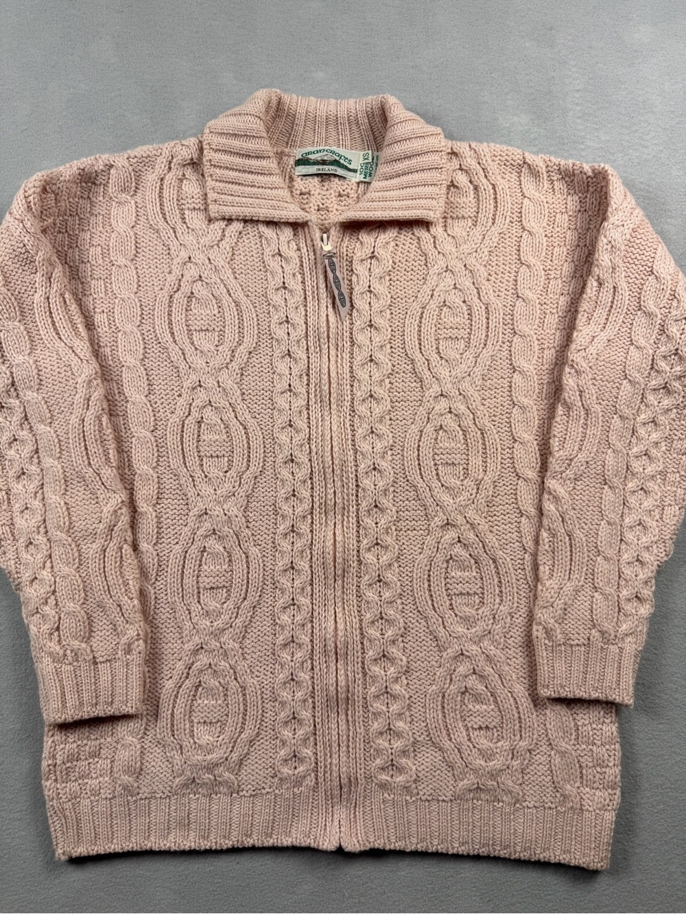 Aran Crafts Ireland Blush Pink Wool Cable Knit Sweater Zip Collar Womens XS